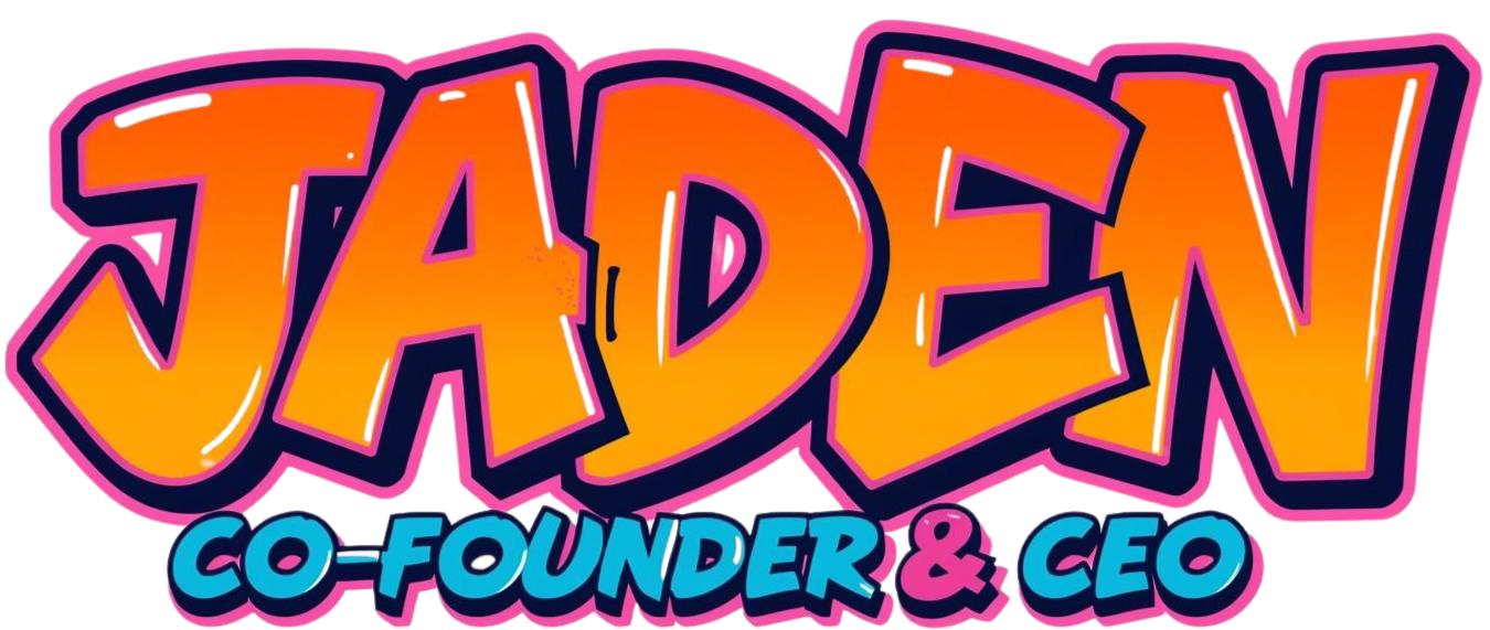 Colorful logo with the name "Jaden" in large, bold, orange letters outlined in pink and purple, with a pink glow effect. Below, the text "Co-Founder & CEO" is written in blue, stylized font.