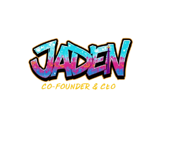 Graffiti-style logo reading 'JADEN' with yellow text below stating 'CO-FOUNDER & CEO' on a black background.