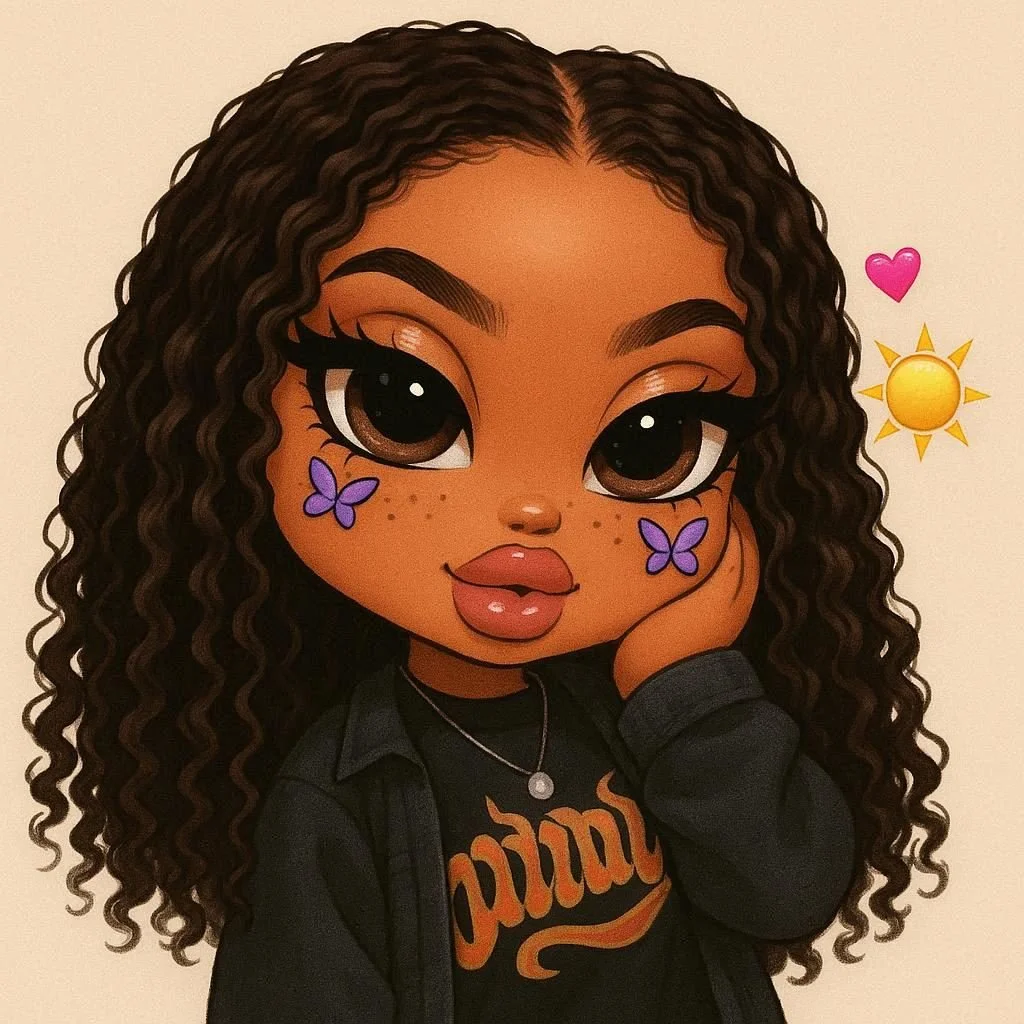 Cartoon avatar of a young girl with large brown eyes, curly dark hair, and a relaxed expression. She has freckles on her cheeks, purple butterfly face paint, and is wearing a black t-shirt with orange writing and a silver necklace. The background contains animations of a pink heart, a yellow sun, and a small purple butterfly.