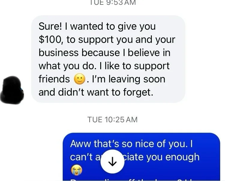 We just received a $100 donation!

Rachel E., who has joined my cooking experience many times, generously donated $100 🫶

I still remember the first class she attended&mdash;I felt like I could have done better, and I even cried afterward, but she e