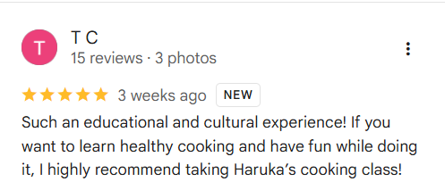 Screenshot of a Google review for a cooking class, with a 5-star rating and positive comments about learning healthy cooking and having fun.