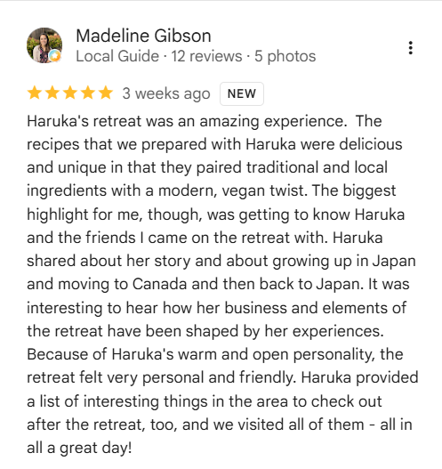Screenshot of a Google review for Haruka's retreat by Madeline Gibson, highlighting her positive experience, tasty recipes, and warm, personal atmosphere.