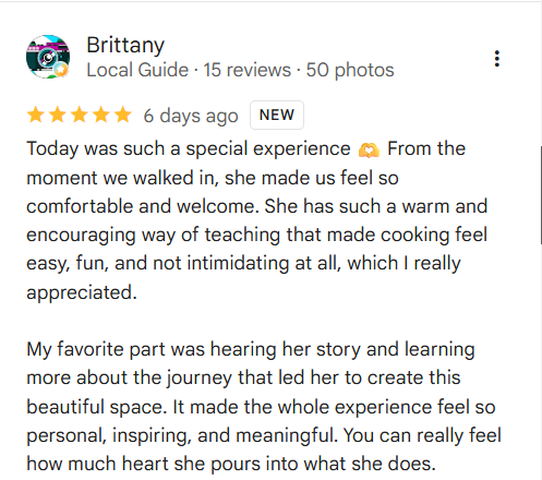 Review by Brittany, a local guide, praising a welcoming person who made her feel comfortable, sharing a story, and creating a meaningful experience.