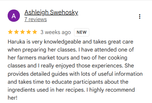 Screenshot of an online review about Haruka, praising her knowledge, care, and cooking classes.