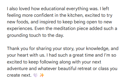 A typed letter or note discussing feelings of confidence and excitement about cooking, new experiences, meditation, and future adventures, ending with gratitude and well wishes.