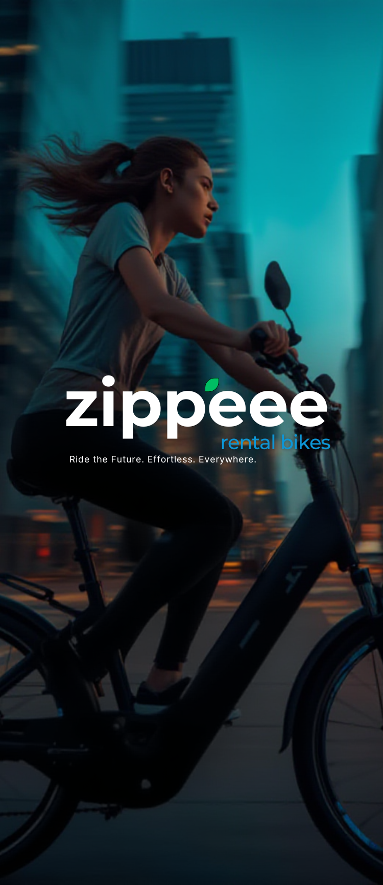 A young woman riding an electric bike at dusk in an urban area with tall buildings in the background. The image features the text 'zippeee rental bikes' and the tagline 'Ride the Future. Effortless. Everywhere.'