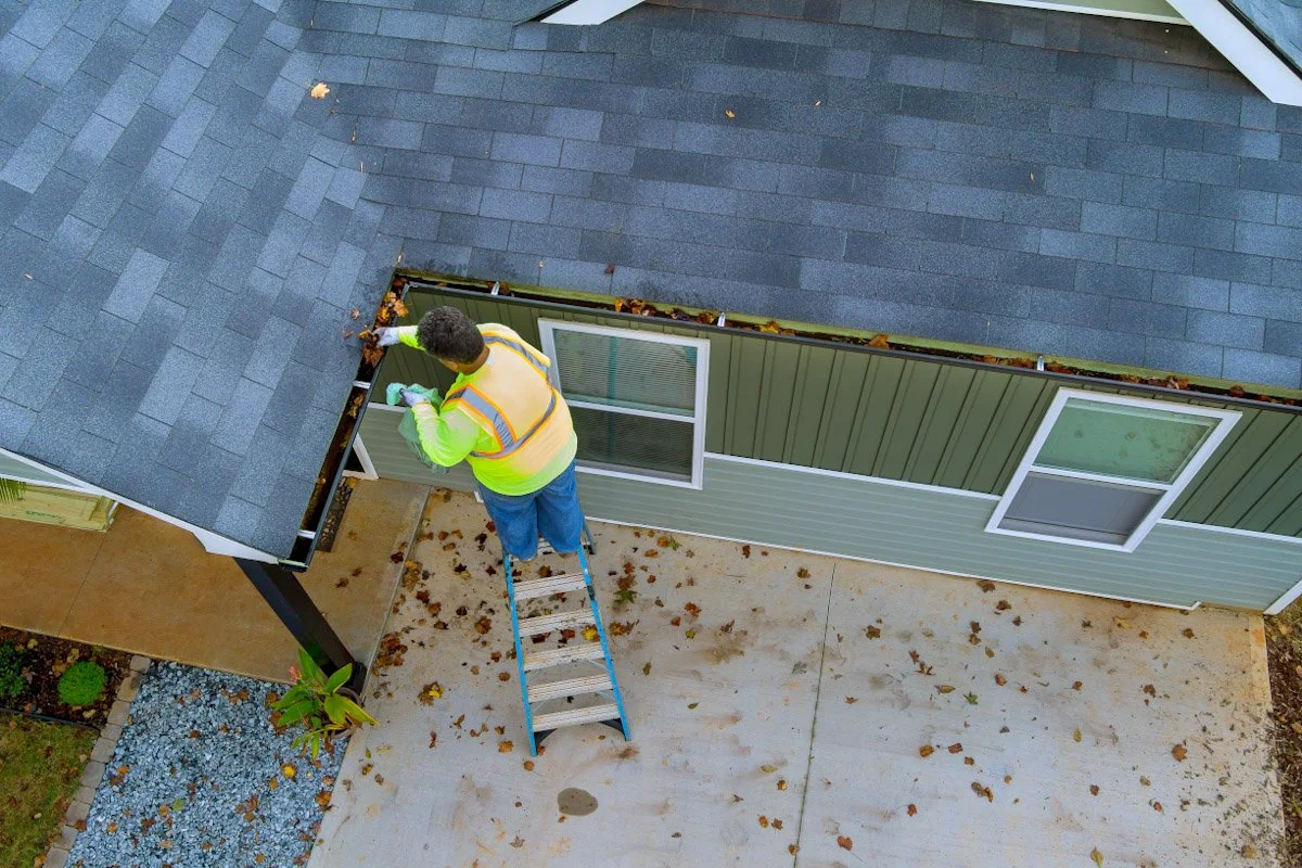A person in a high-visibility safety vest cleaning or inspecting the gutter of a house from a ladder on a cloudy day.