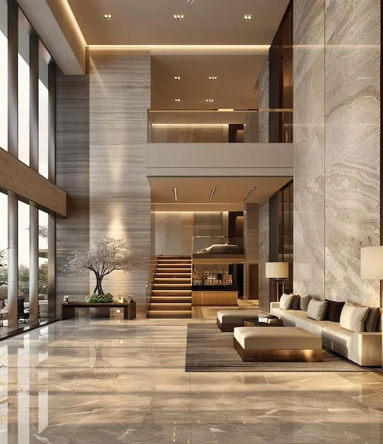 Modern hotel lobby with marble floors, tall glass windows, beige walls, a white sofa with cushions, a coffee table, floor lamps, and a staircase leading to an upper floor.