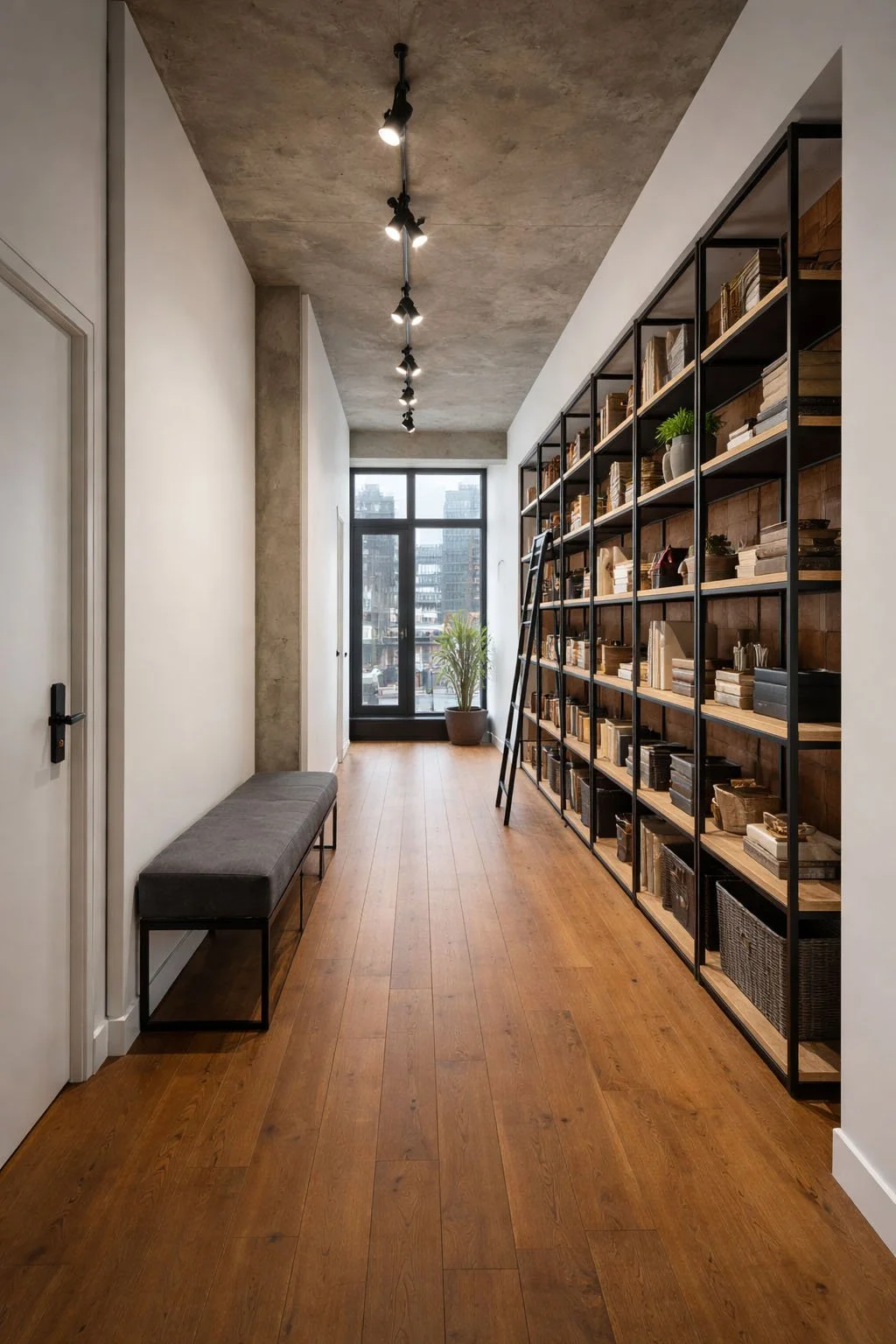 A hallway with wooden flooring, a long black shelving unit filled with books and decorative items, a ladder leaning against the shelves, a gray bench against the wall, and large windows with city buildings outside, illuminated by ceiling track lights.