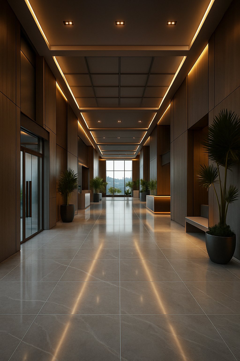Modern hotel lobby with wooden wall panels, large potted plants, and a high ceiling with recessed lighting. Large windows at the end of the corridor let in natural light.