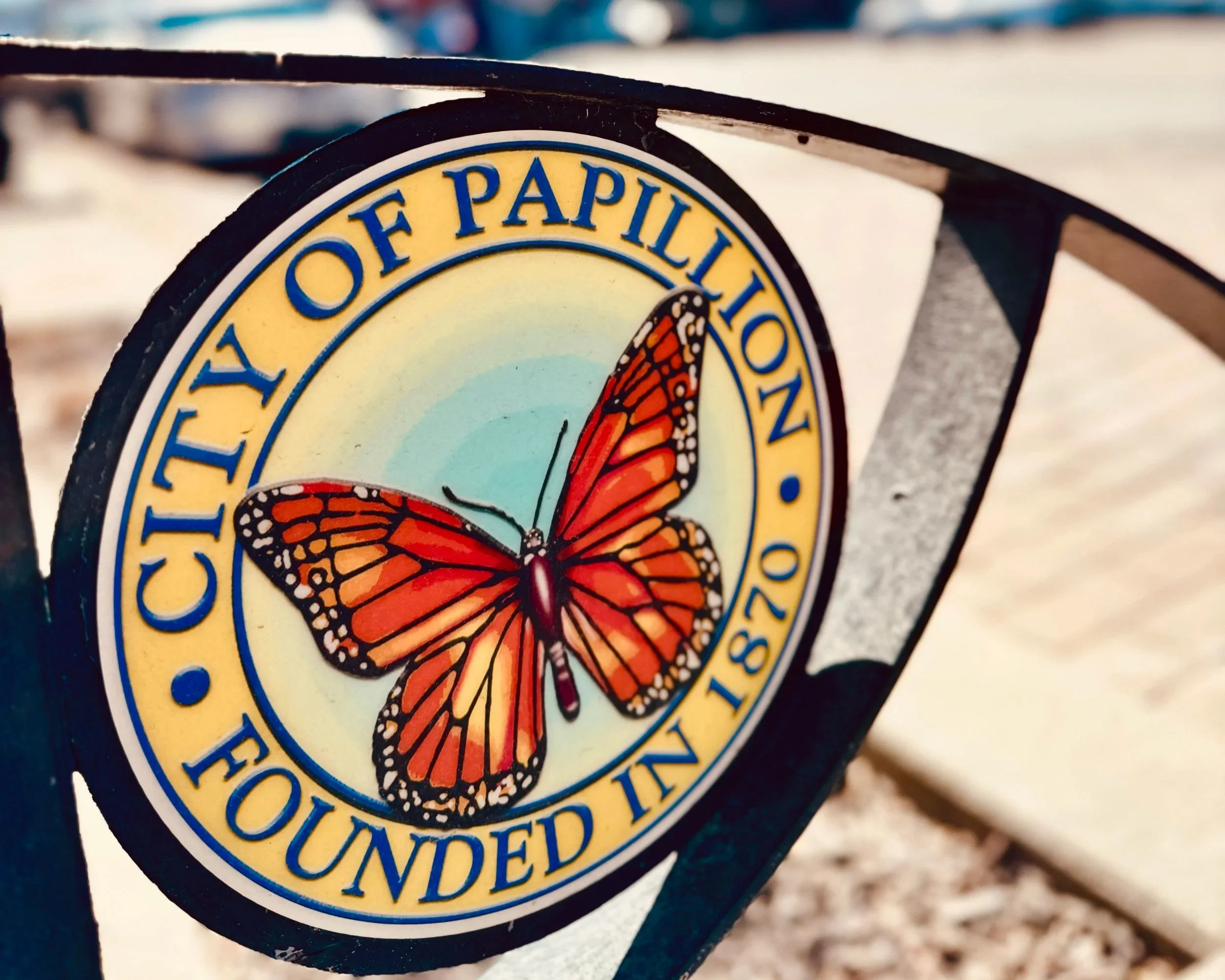 Close-up of a circular sticker featuring a butterfly illustration and the words "Certified Butterfly Expert" on a black bench, outdoors on a sunny day.
