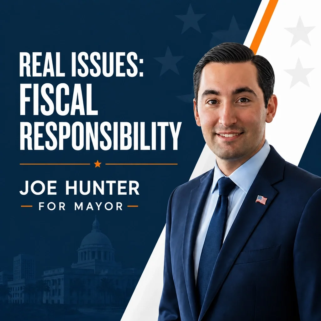 A political campaign poster for Joe Hunter running for mayor. It features a smiling man in a navy suit with a small American flag lapel pin, with text emphasizing fiscal responsibility.