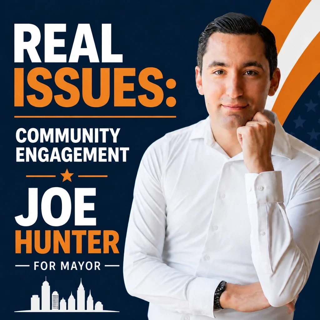 A man in a white shirt posing with his hand on his chin, promotional image for Joe Hunter's campaign for mayor, featuring text about community engagement and real issues, with a city skyline at the bottom.