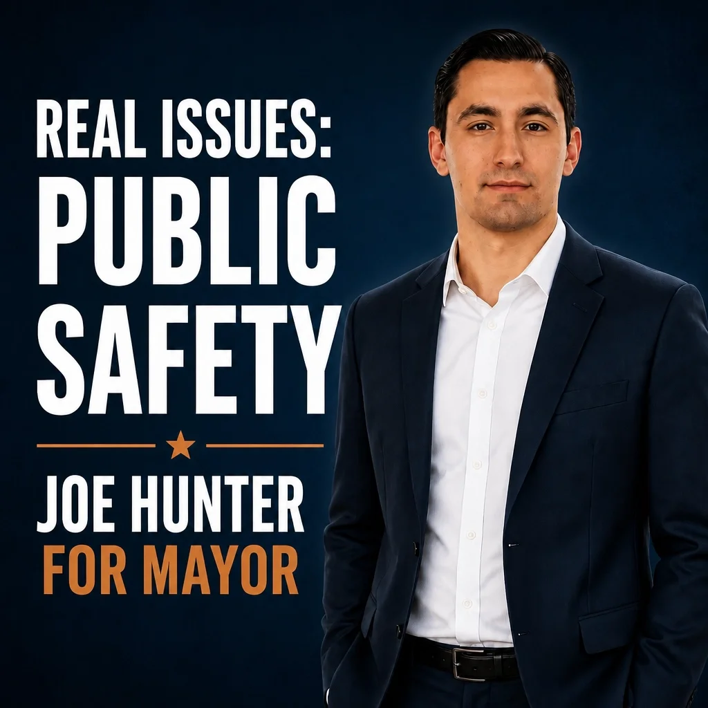 A man in a dark suit and white shirt standing with a serious expression against a dark background. Text overlay reads 'Real Issues: Public Safety' and 'Joe Hunter for Mayor'.