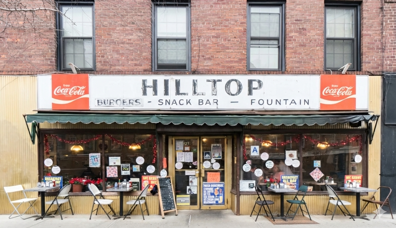 Front view of a restaurant named Hilltop, with outdoor seating, decorated with Christmas ornaments; signs advertise burgers, snack bar, and fountain drinks.