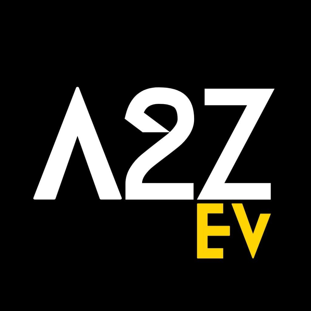 Logo for A2Z EV with black background, white 'A2Z' letters, and yellow 'EV' letters.
