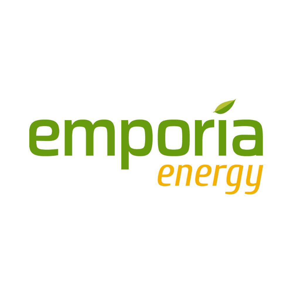 Logo with the words "emoria energy"; "emoria" in green with a leaf dotting the letter 'i,' and "energy" in orange beneath it.