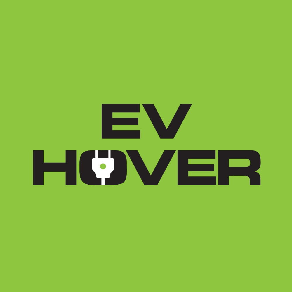 Logo for EV HOVER with a green background and a black and white hoverboard illustration within the text.