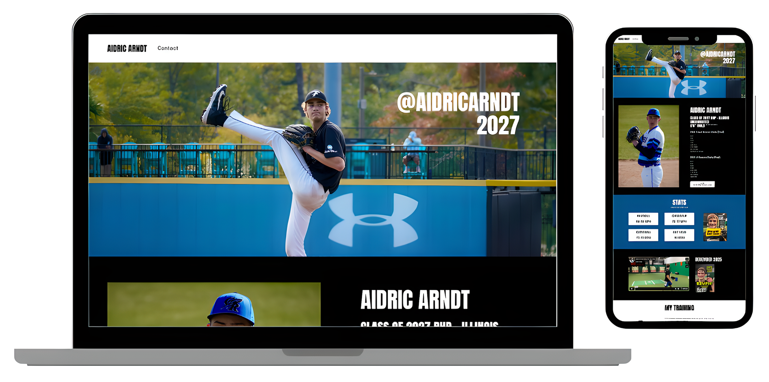 Laptop and smartphone screens displaying a baseball player in a pitching pose, with the handle @AIDRICARNDT 2027 and other sports content visible. Created by Elite Student Athletes.