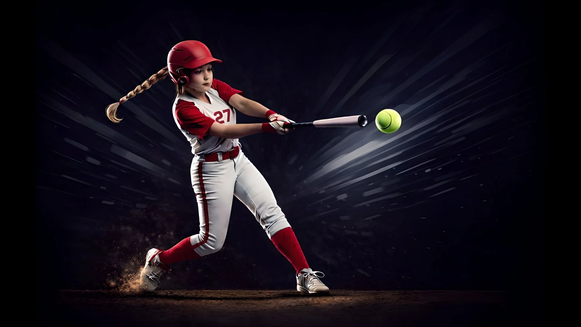 A young girl in a softball uniform, red helmet, and red and white clothing and the number 27 swinging a softball bat at a softball, with a dark background and motion streaks. Created by Elite Student Athletes.