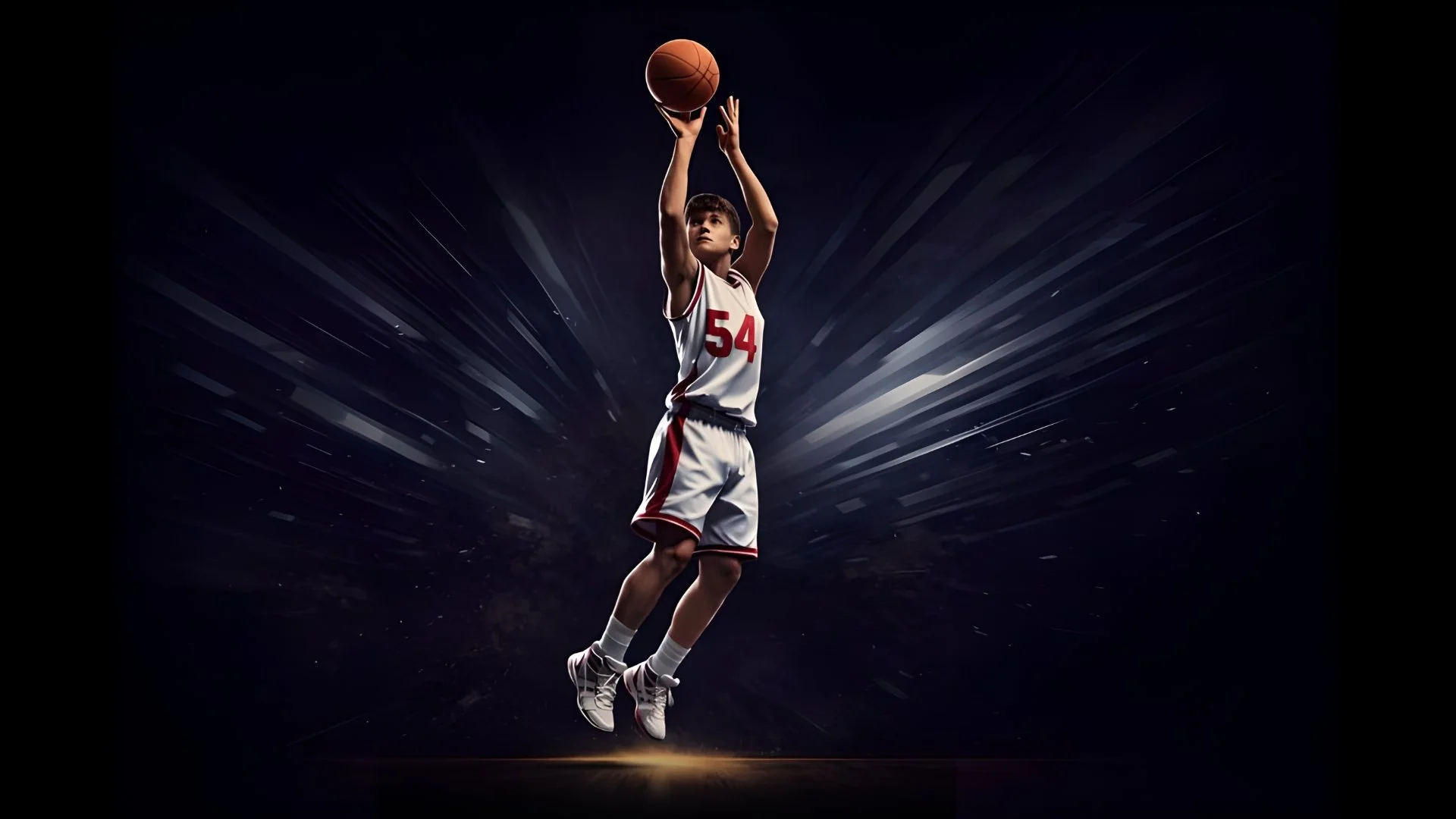 Young basketball player in a white jersey with red accents and the number 54, jumping to shoot a basketball against a dark dynamic background with streaks of light. Created by Elite Student Athletes.
