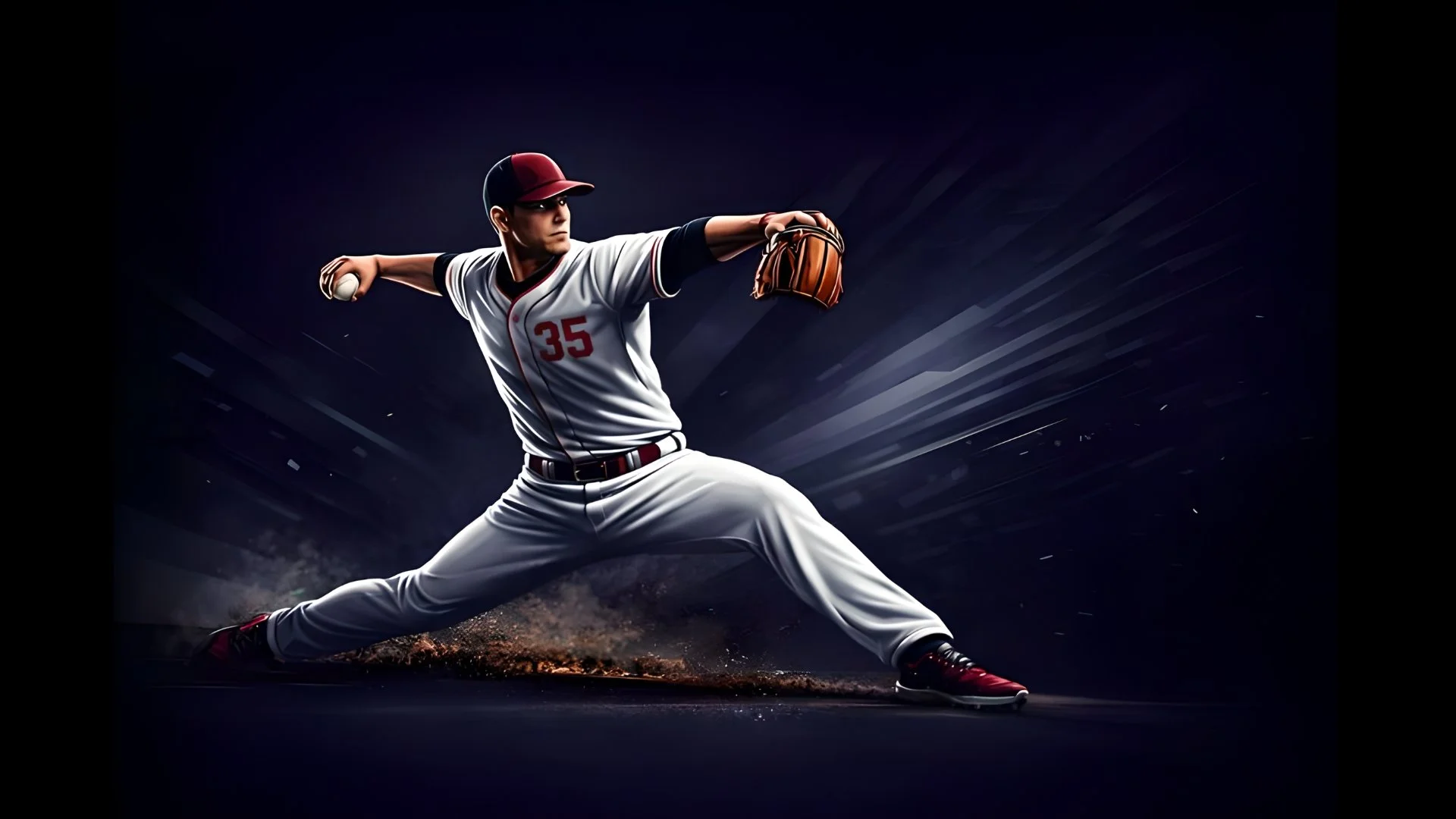 A baseball player in a white uniform with red accents and the number 35, wearing a cap, is in a pitching stance on a dark background with motion effects. Created by Elite Student Athletes.