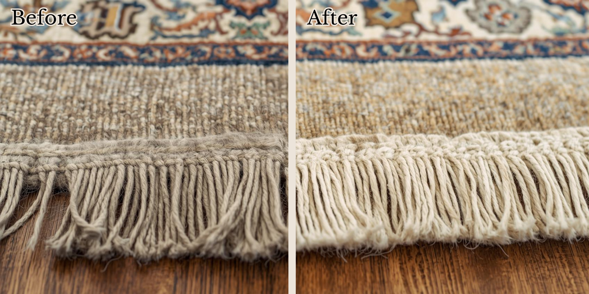 Side-by-side comparison of a corner of a woven rug before and after cleaning, showing removed debris and softened fibers.