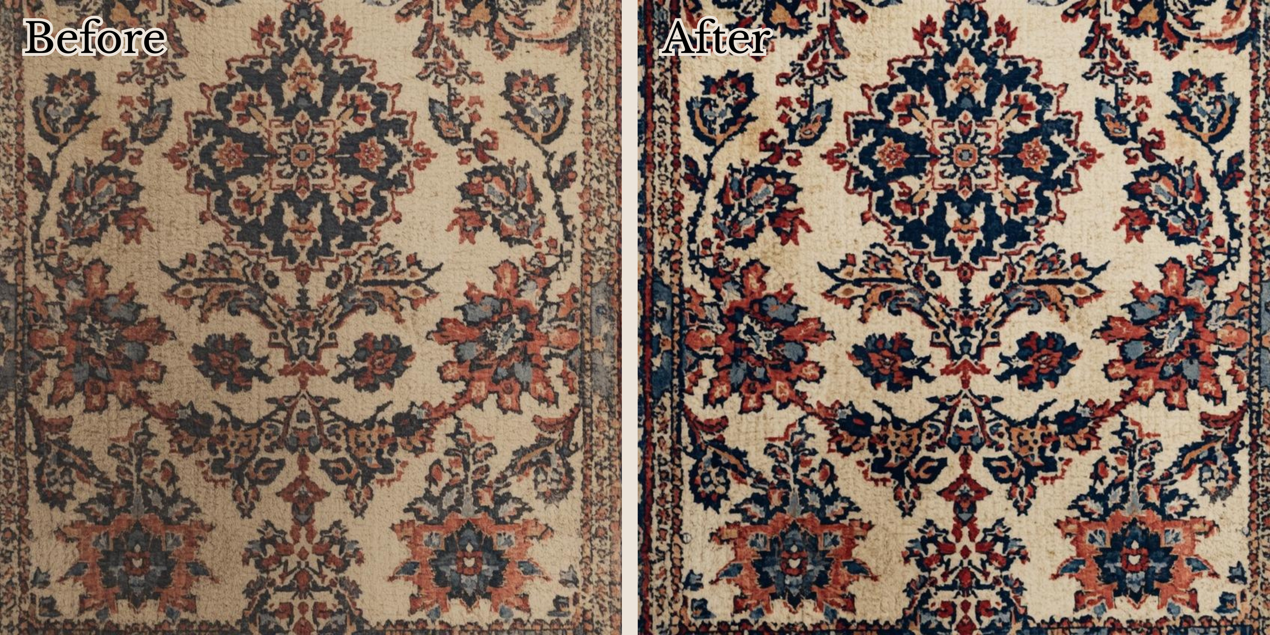 Comparison of two carpet images showing color enhancement. The carpet features a traditional floral pattern with a cream background, dark blue and reddish-orange floral motifs, and a border design. The 'After' image has more vivid colors and sharper details than the 'Before' image.