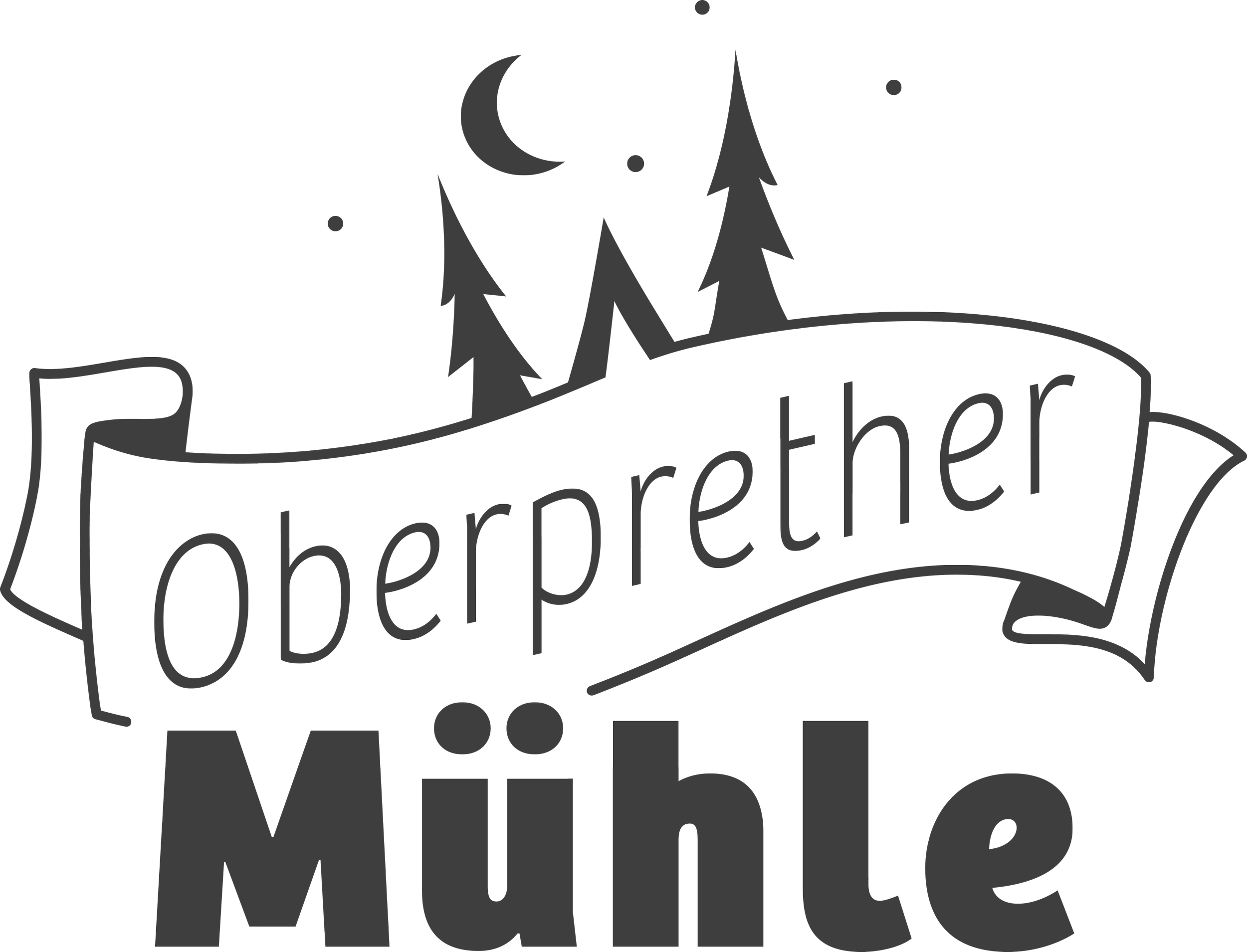 Modernes Logo mit Tannenbäumen, einem Zelt, Mond und Sternen, Band mit dem Text "Oberprether Mühle".