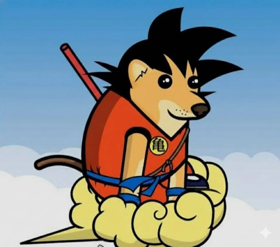 Dibujos animados de un perro con peinado de anime, vestido con ropas de artes marciales y cinturón, sentado sobre nubes, con fondo de cielo azul.
