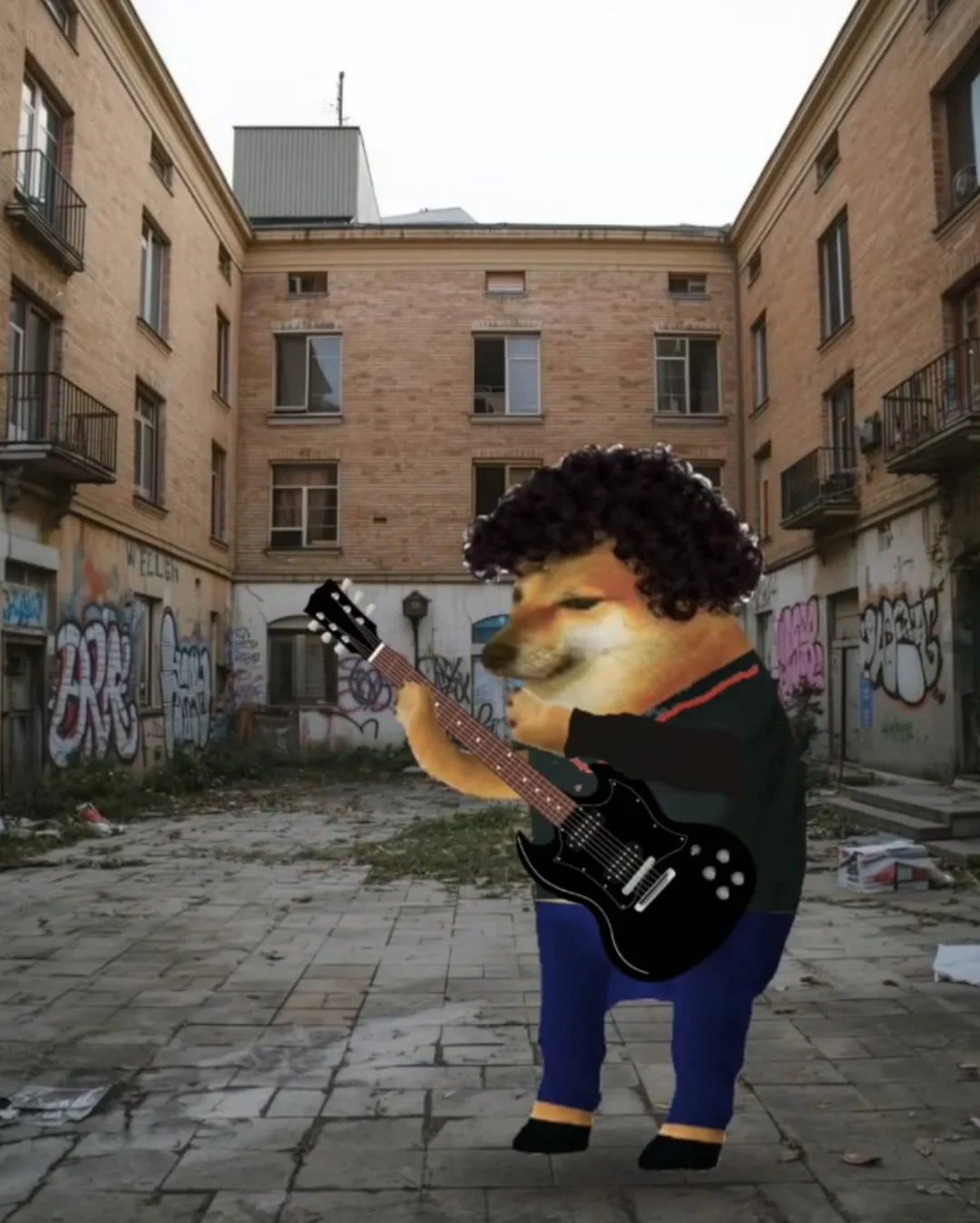 Un personaje con cuerpo de perro, usando una peluca rizada y una chaqueta negra, tocando una guitarra eléctrica en un callejón con grafiti y basura.