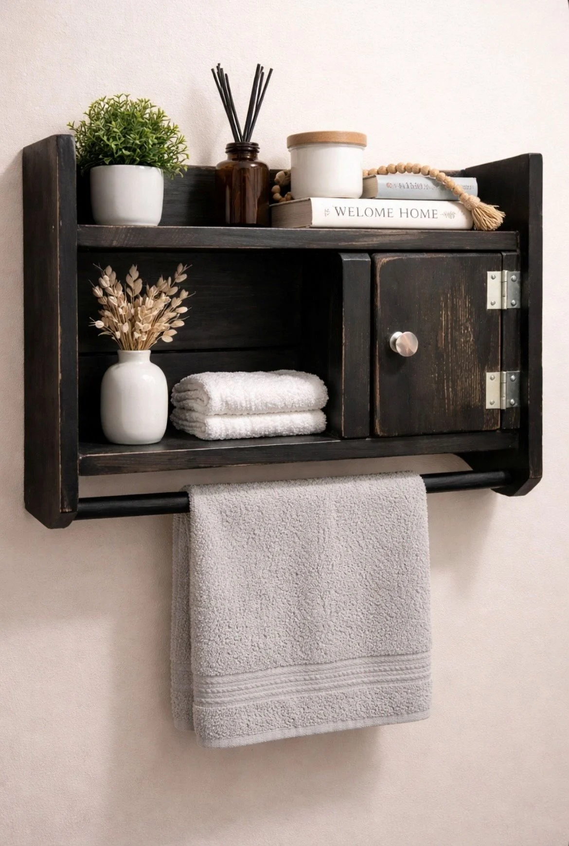 Primitive bathroom shelf with towel bar