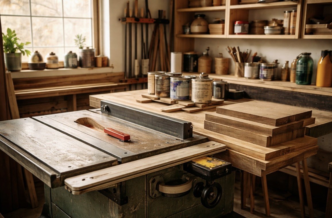 Woodworking workshop with stacked wooden planks, cans of stain or paint, and woodworking tools on a workbench with shelves of supplies in the background.