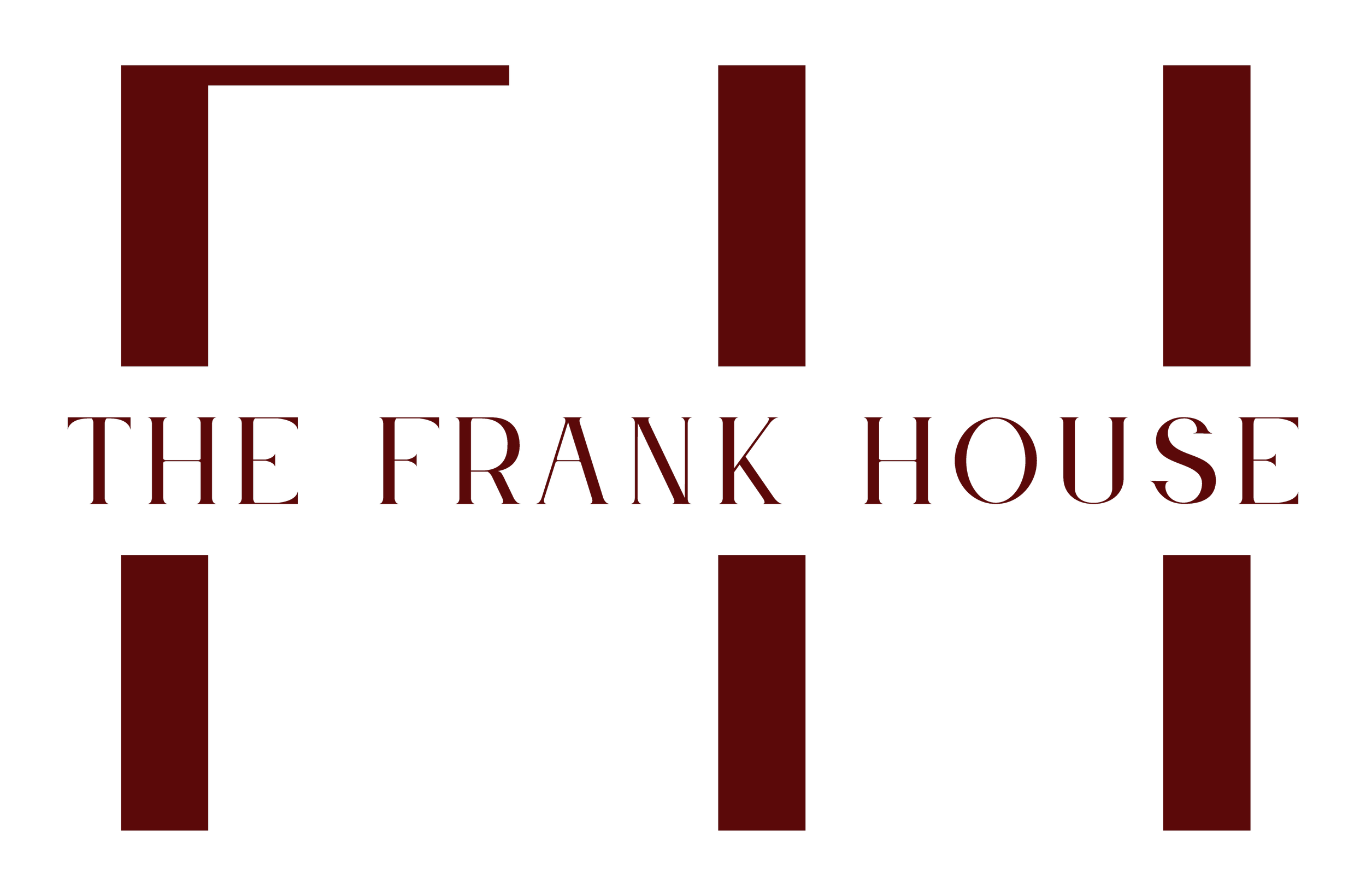Logo for The Frank House with a black background, red vertical bars, and red text.