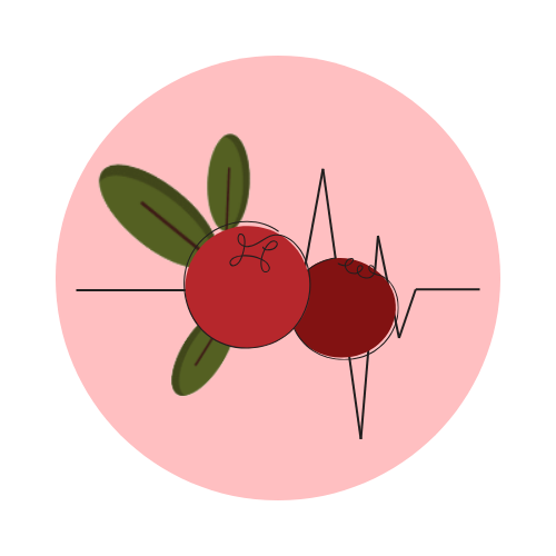 Design featuring two cranberries with green leaves and an electrocardiogram line on a pink circular background, The Cranberry Doctor logo.