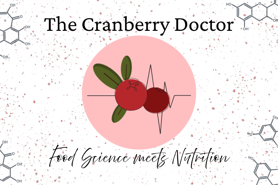 Business card titled 'The Cranberry Doctor' with a backdrop of chemical structures and a pink circle featuring an illustration of two cranberries with green leaves and a cardiogram line. Food Science meets Nutrition.