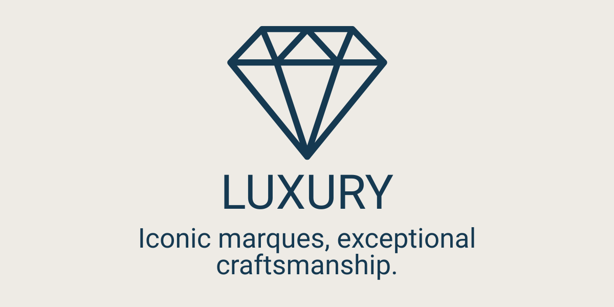 Logo of a diamond graphic with the words 'Luxury, iconic marques, exceptional craftsmanship' below.