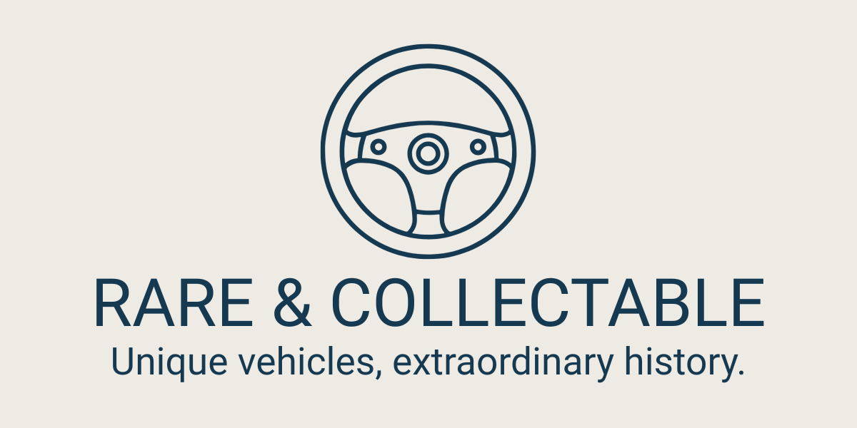 Logo with a steering wheel illustration and the text "Rare & Collectable" and "Unique vehicles, extraordinary history."