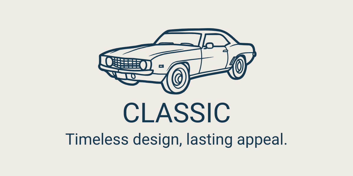 Line drawing of a vintage classic car with the word 'CLASSIC' beneath it and the phrase 'Timeless design, lasting appeal.'
