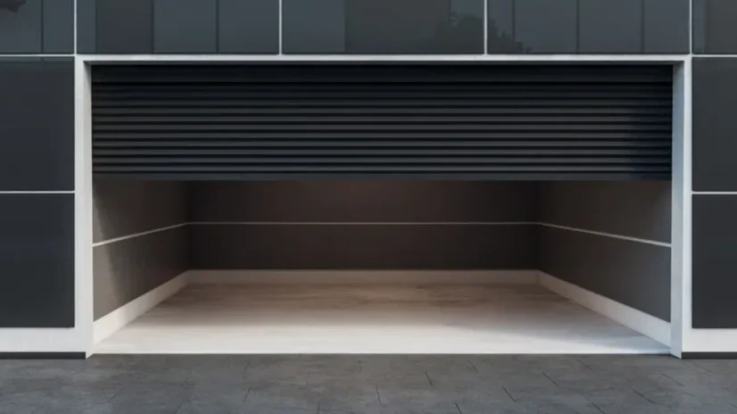 Empty garage or storage space with a black vent or grate above, surrounded by dark gray panels on the walls and a lighter gray floor.