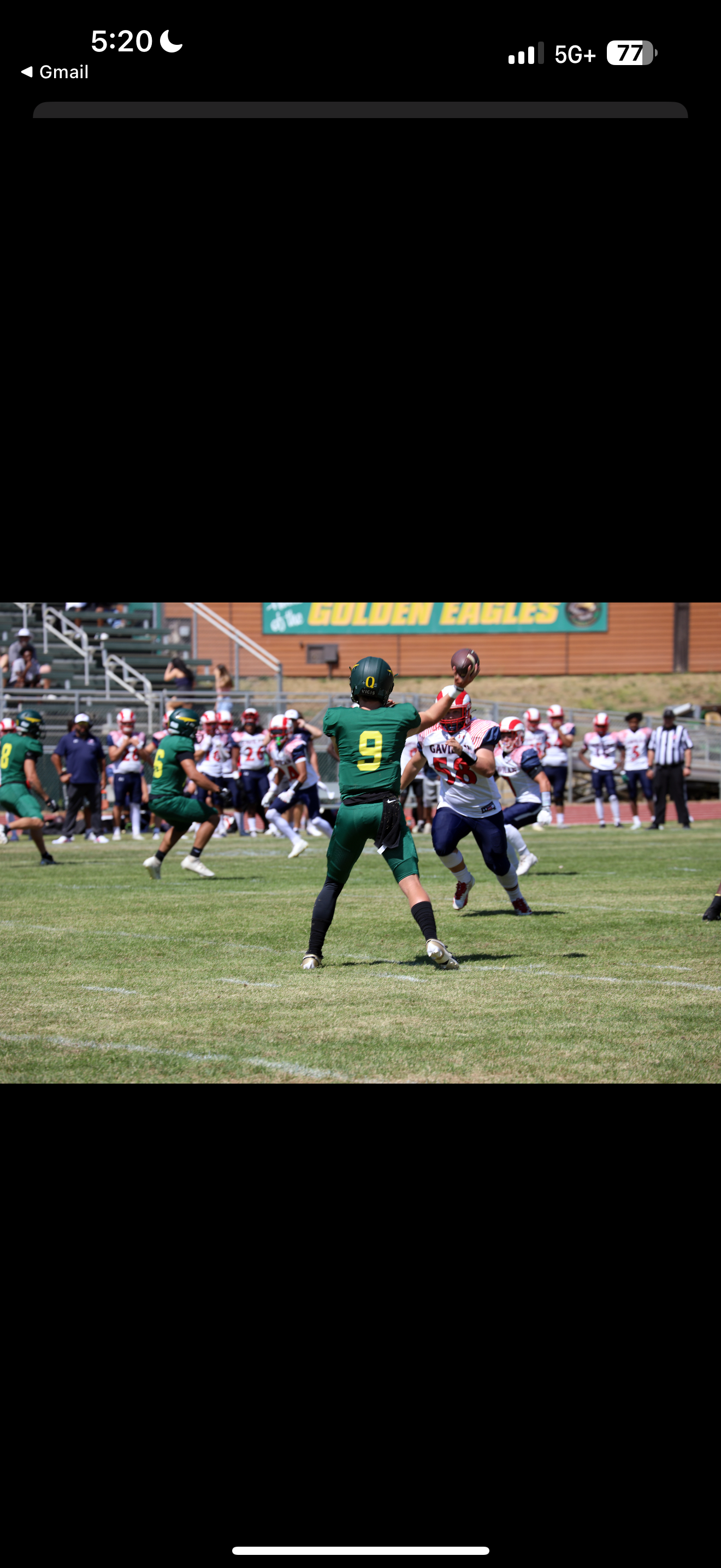 A youth football game with players in green and white uniforms on the field, with a crowd and team sideline in the background.