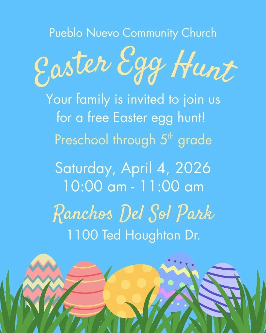 Everyone is invited to join us for a free family event! 

Saturday, April 4
10:00 am - 11:00 am 
Rancho del sol Park 

Three rounds-
Walking - prek
Kinder - 2nd grade
3rd grade - 5th grade