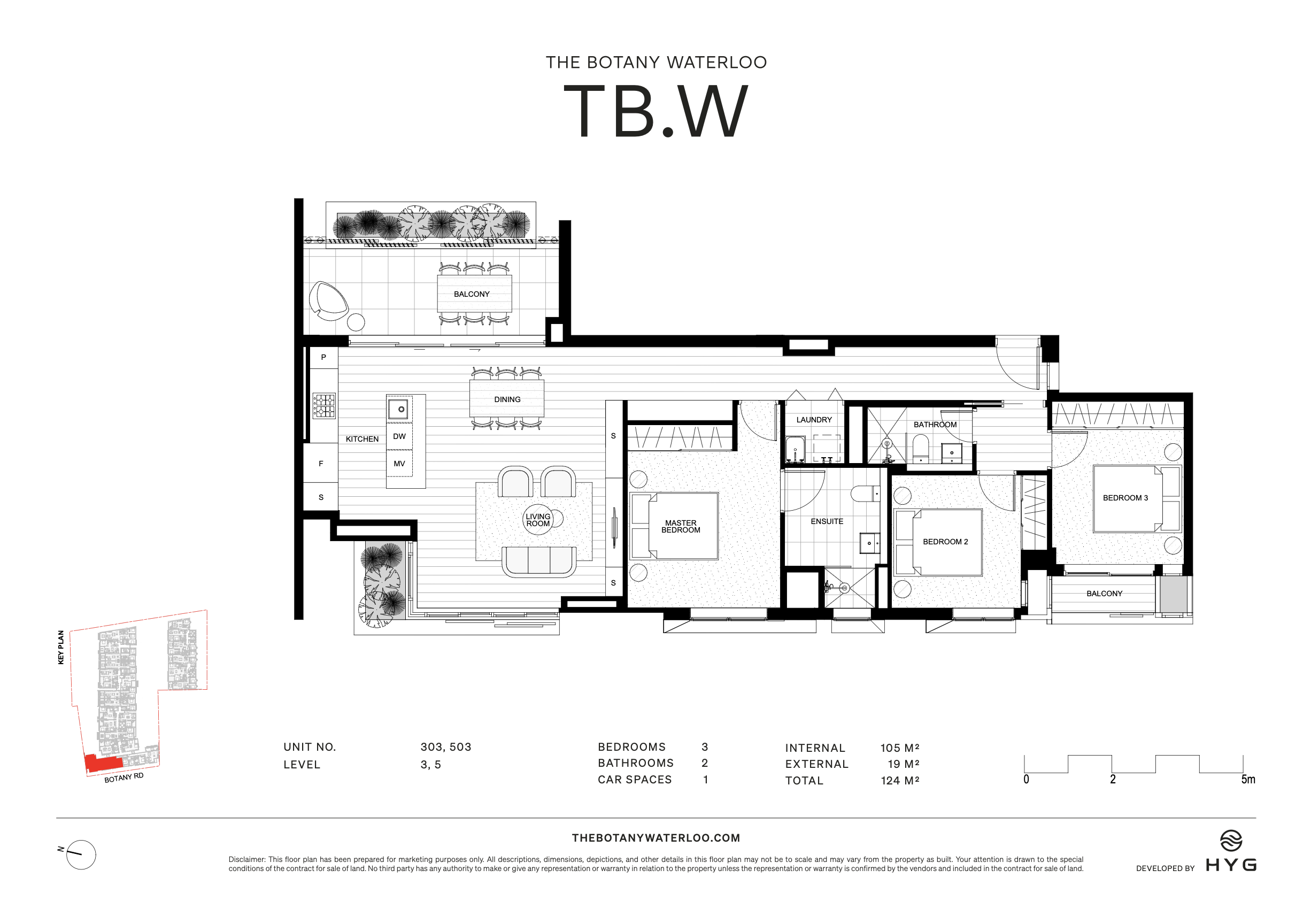 Floor plan of an apartment labeled 'The Botany Waterloo,' showing three bedrooms, two bathrooms, a living room, a kitchen, laundry, two balconies, and car space, with layout details and measurements.