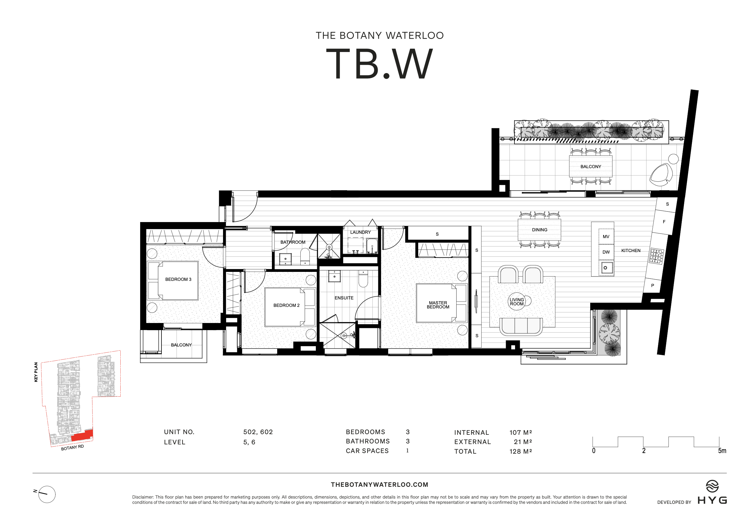 Floor plan of a residential unit at The Botany Waterloo, showing 3 bedrooms, 3 bathrooms, kitchen, living room, dining area, laundry, and balconies. The layout includes designated spaces for appliances and built-in storage.