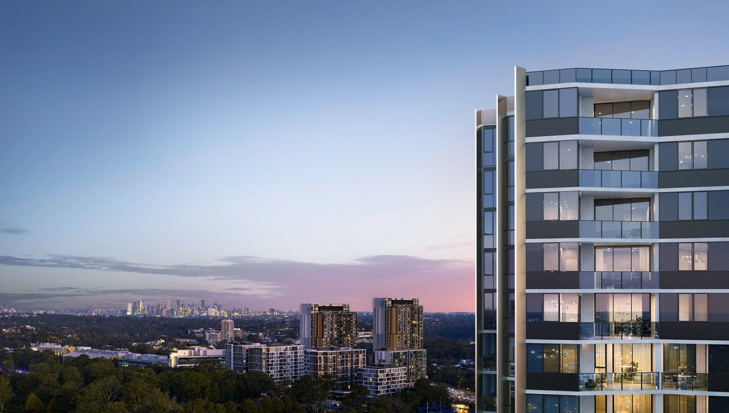 Modern high-rise apartment building with glass balconies against a city skyline at dusk.