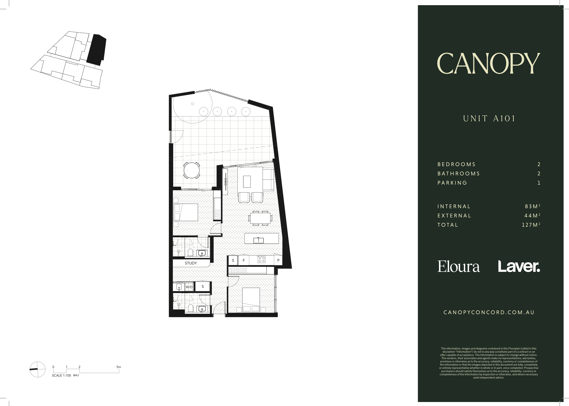Floor plan of a residential unit with two bedrooms, two bathrooms, a living area, kitchen, study, and outdoor space. The plan includes an internal and external area. The right panel lists unit details, including size and parking information.