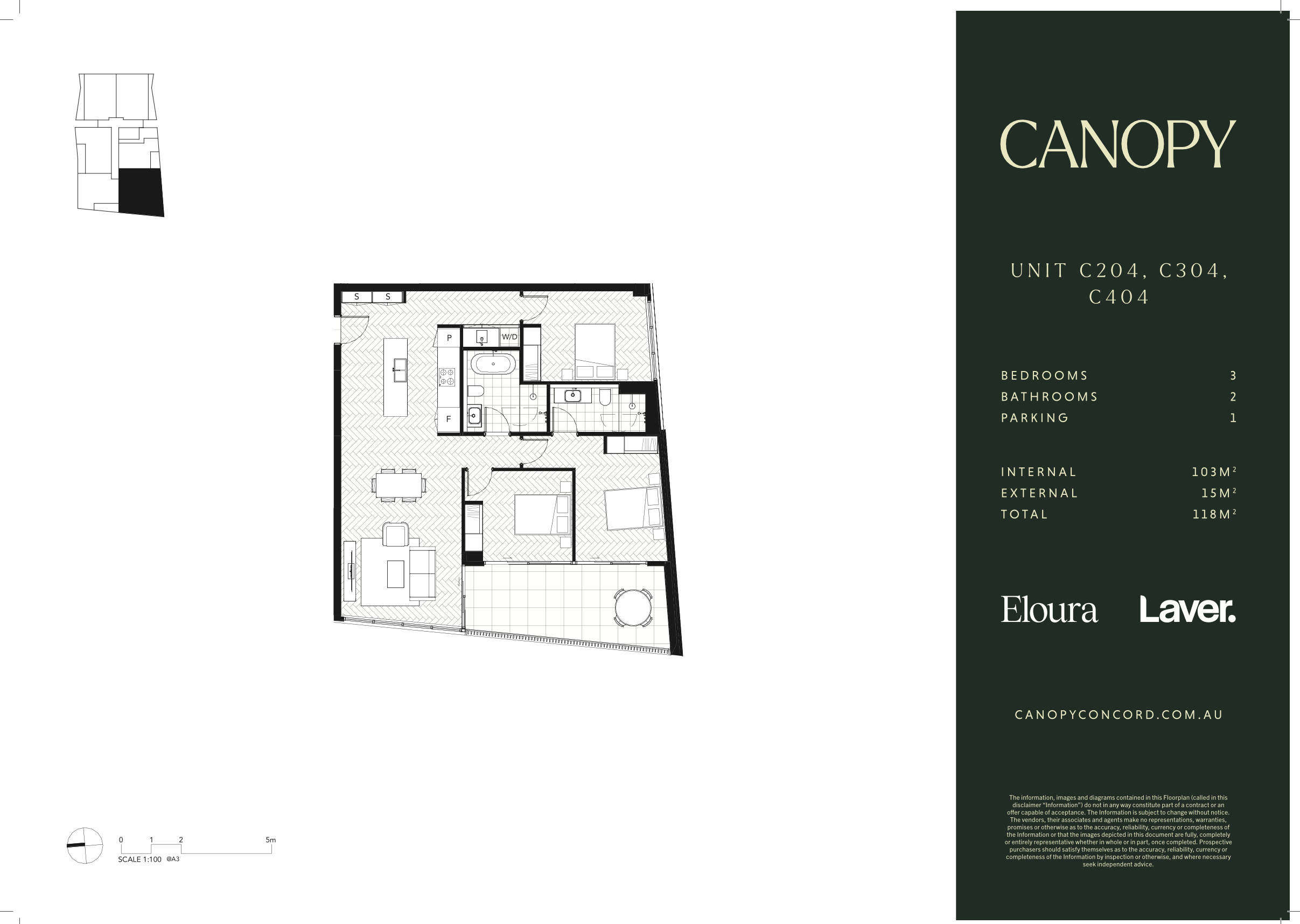 Floor plan of a modern apartment with three bedrooms, two bathrooms, a living room, kitchen, and outdoor balcony.