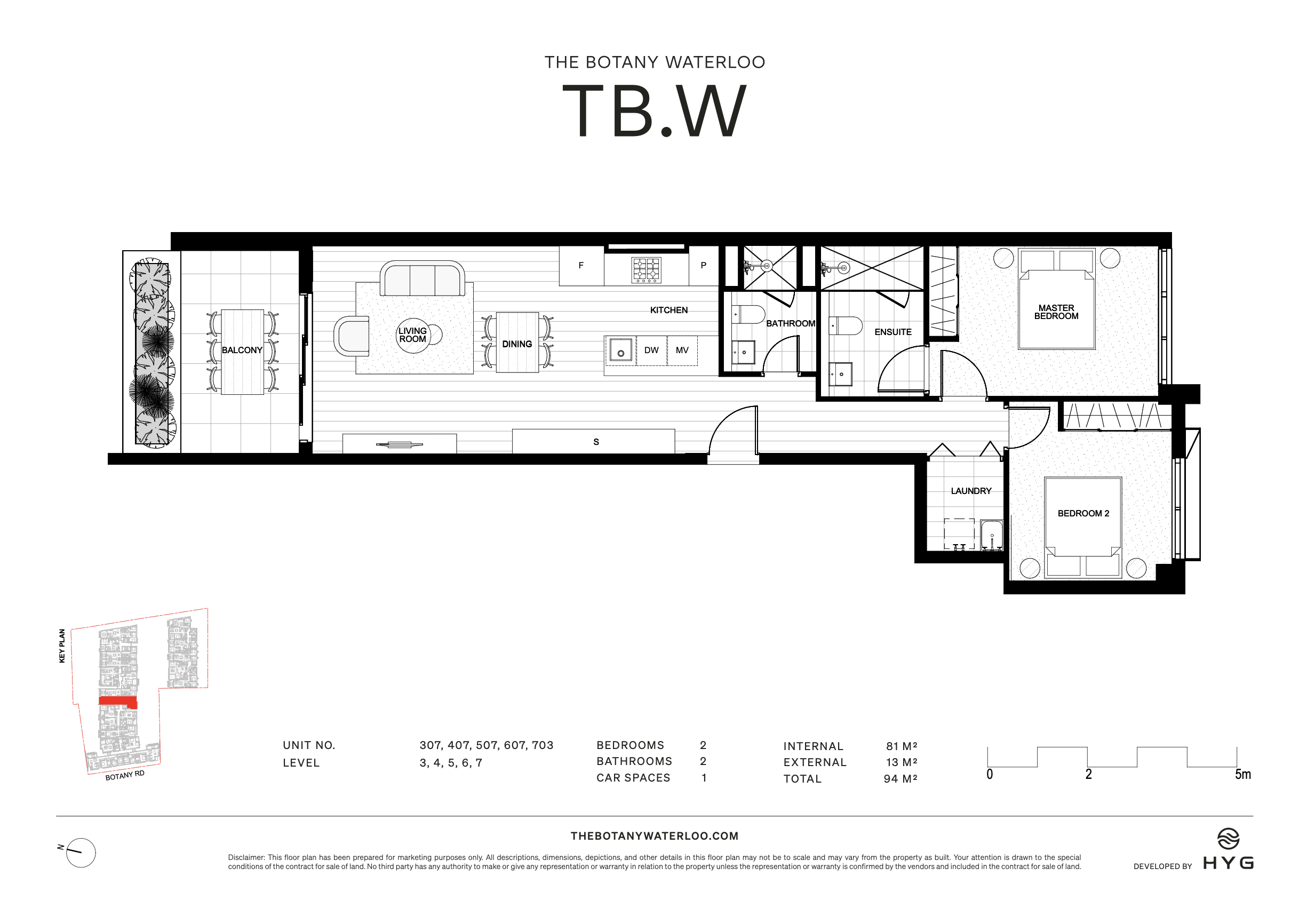 Floor plan of an apartment with living room, dining area, kitchen, balcony, two bedrooms, two bathrooms, laundry room, and designated car space.