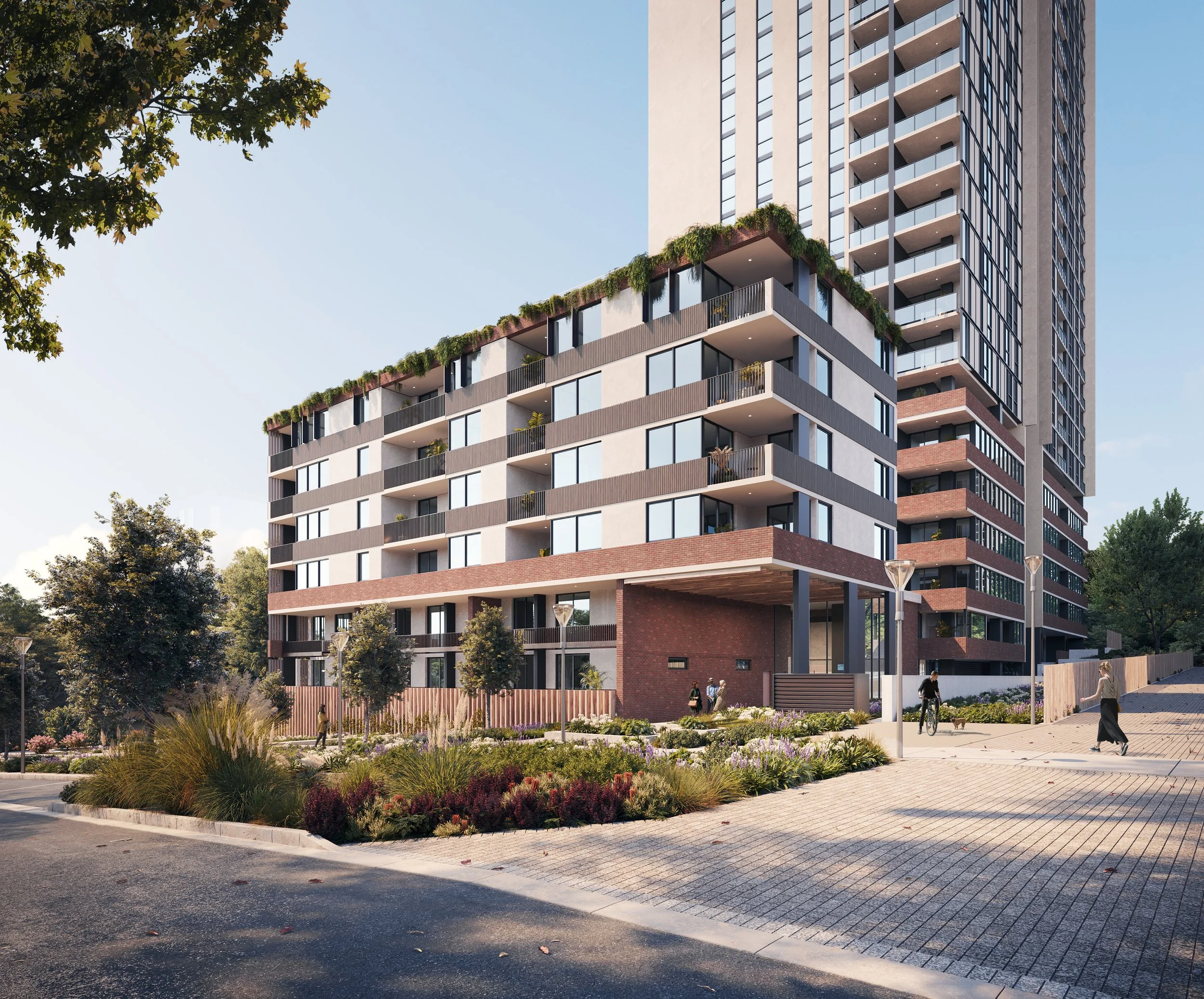 Modern multi-story residential building with balconies, surrounded by greenery and a landscaped courtyard where people are walking and cycling.