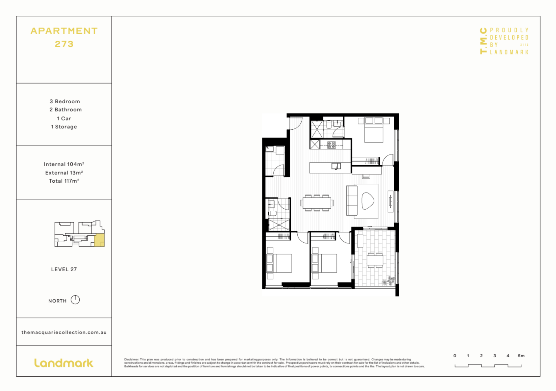 Floor plan of an apartment unit with three bedrooms, two bathrooms, living room, kitchen, dining area, and outdoor balcony. The layout is labeled as Apartment 273, Level 27.